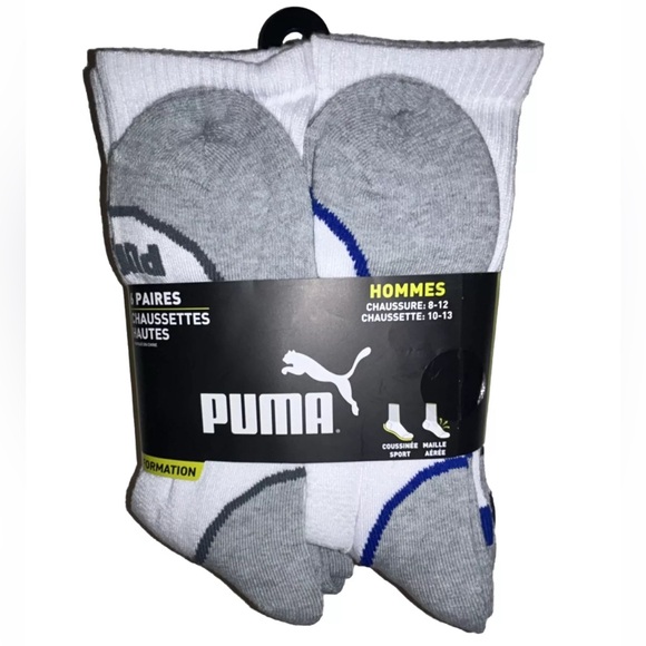 Puma Cushioned Crew Socks 6 Pair Men 8-12 White Gray Blue w Logos NEW! Training - Picture 4 of 11